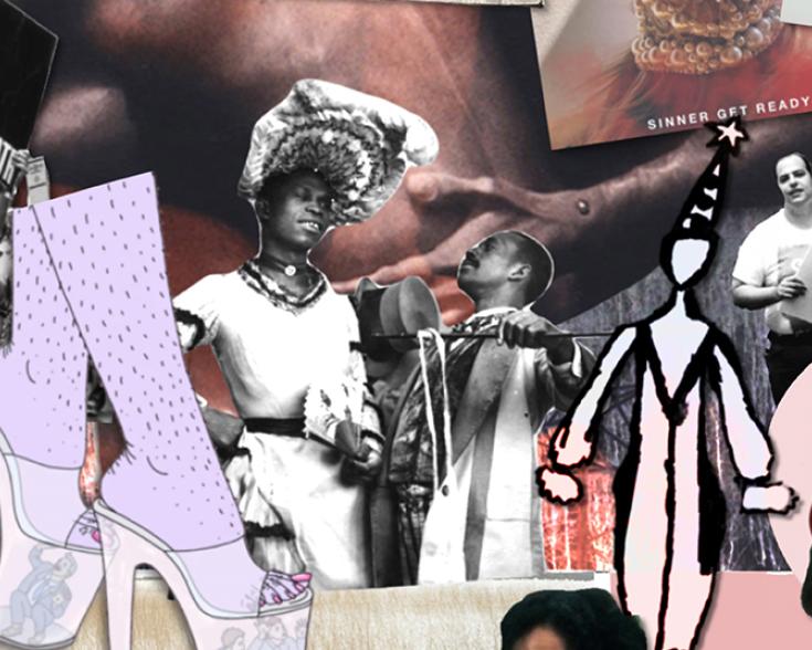 A collage of cutout graphics and photos.