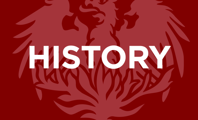 a maroon with a red background and the word "history" overlayed